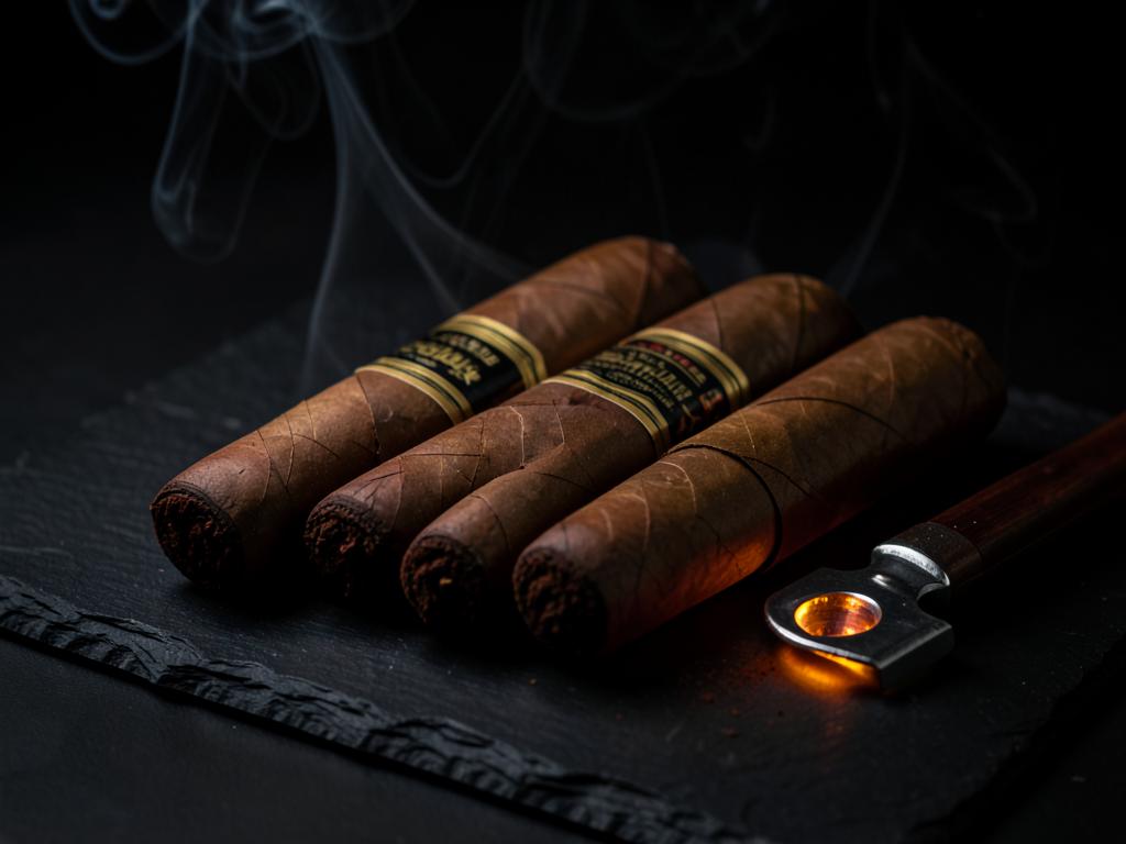 Premium hand-rolled cigars on dark slate with a cutter