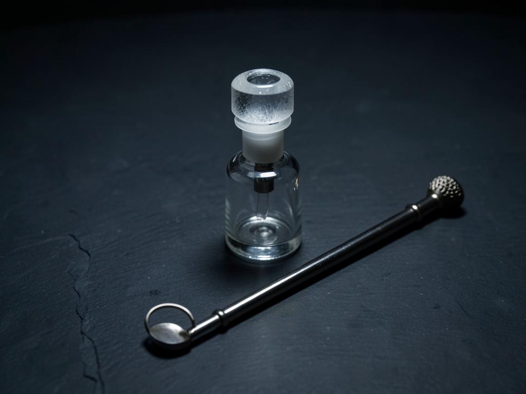 Glass dab rig with quartz banger and dabber tool on dark slate