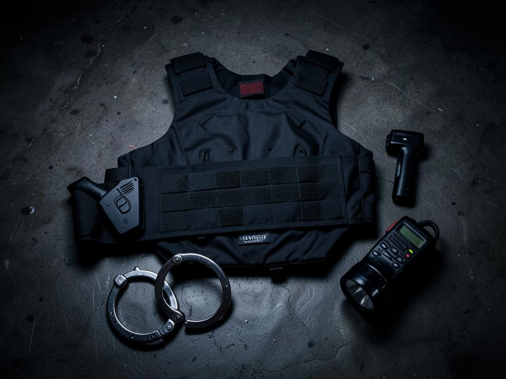 Bulletproof vest, taser, handcuffs, torch and radio laid out on dark concrete